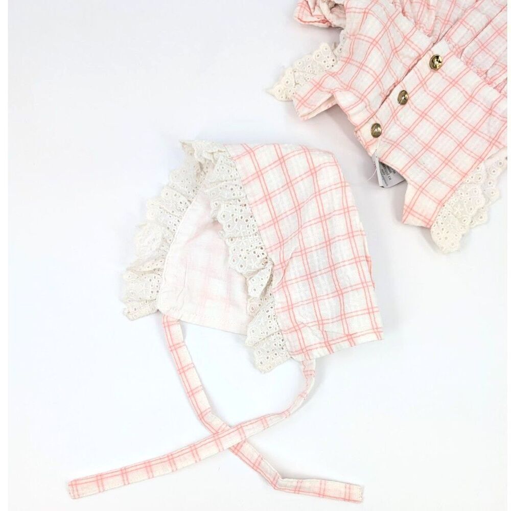 Tahati Baby Dress and Hat Set Girl 3-6 Months Pink Plaid Eyelet Ruffled Cottage - Picture 4 of 12